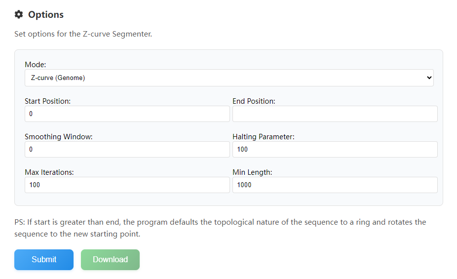 Z-curve Segmenter Options